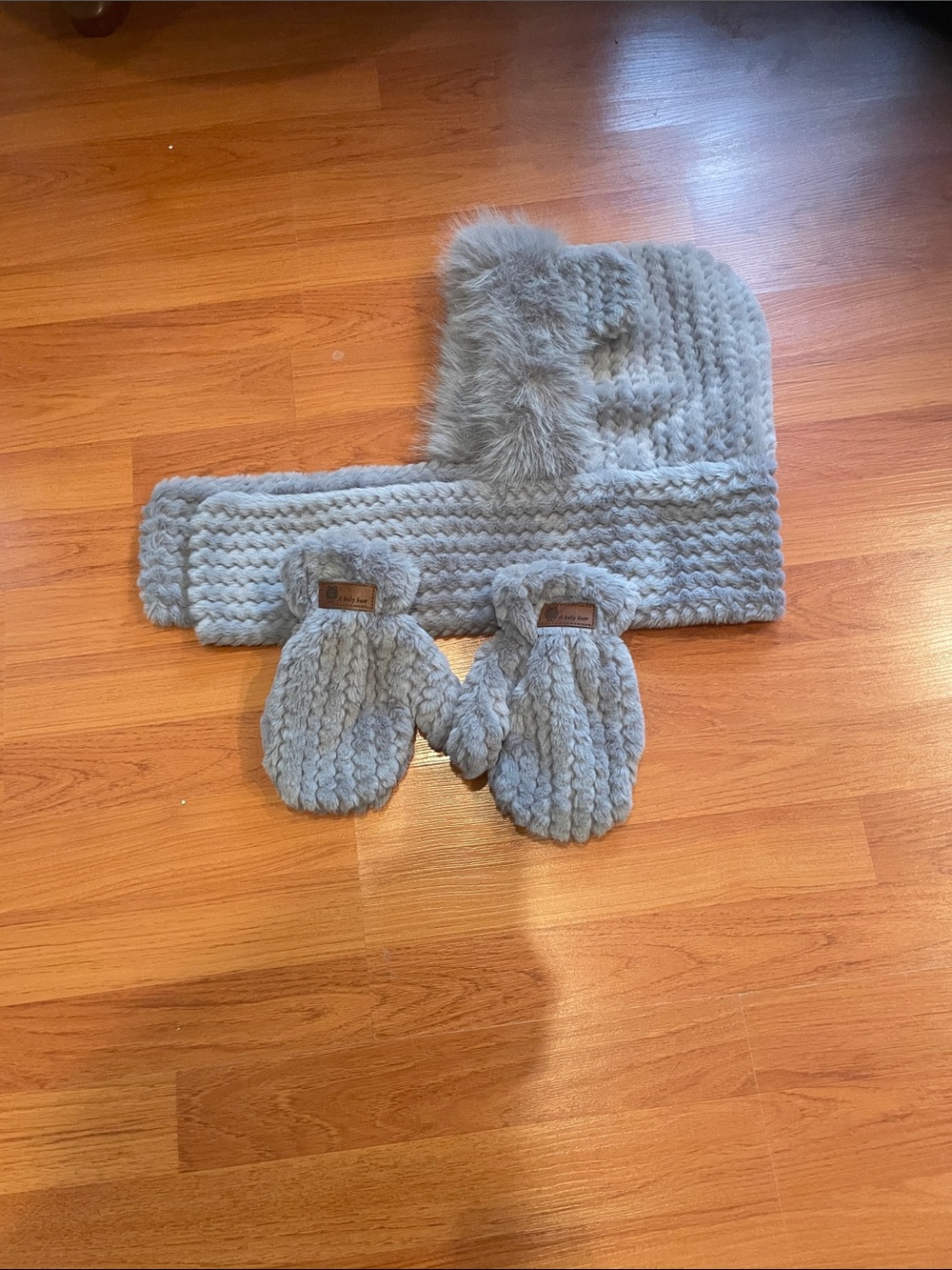 A Baby Bear Kids Fur Hat and Mittens Set - Light Gray